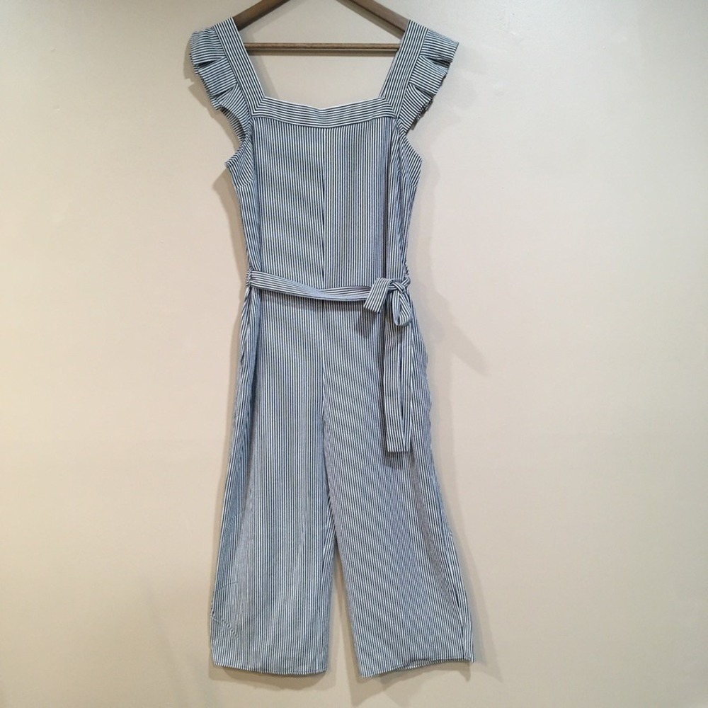 Monteau Navy White Stripe Wide Leg Jumpsuit Womens S Coastal Preppy Nautical